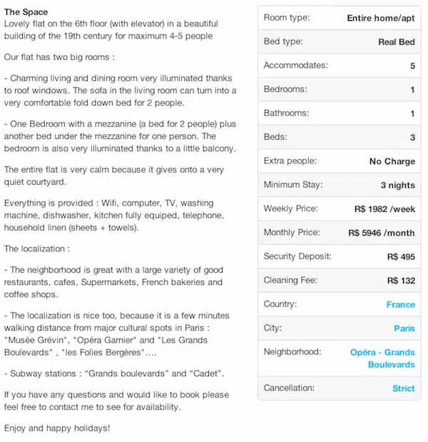 Descrição apartamento AirBnB