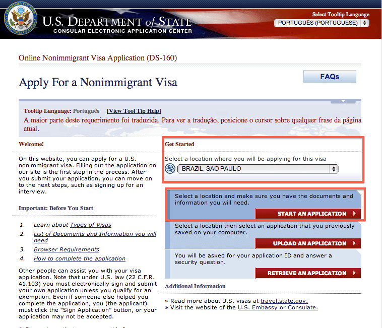 Visto Americano - DS160 - Tela 1