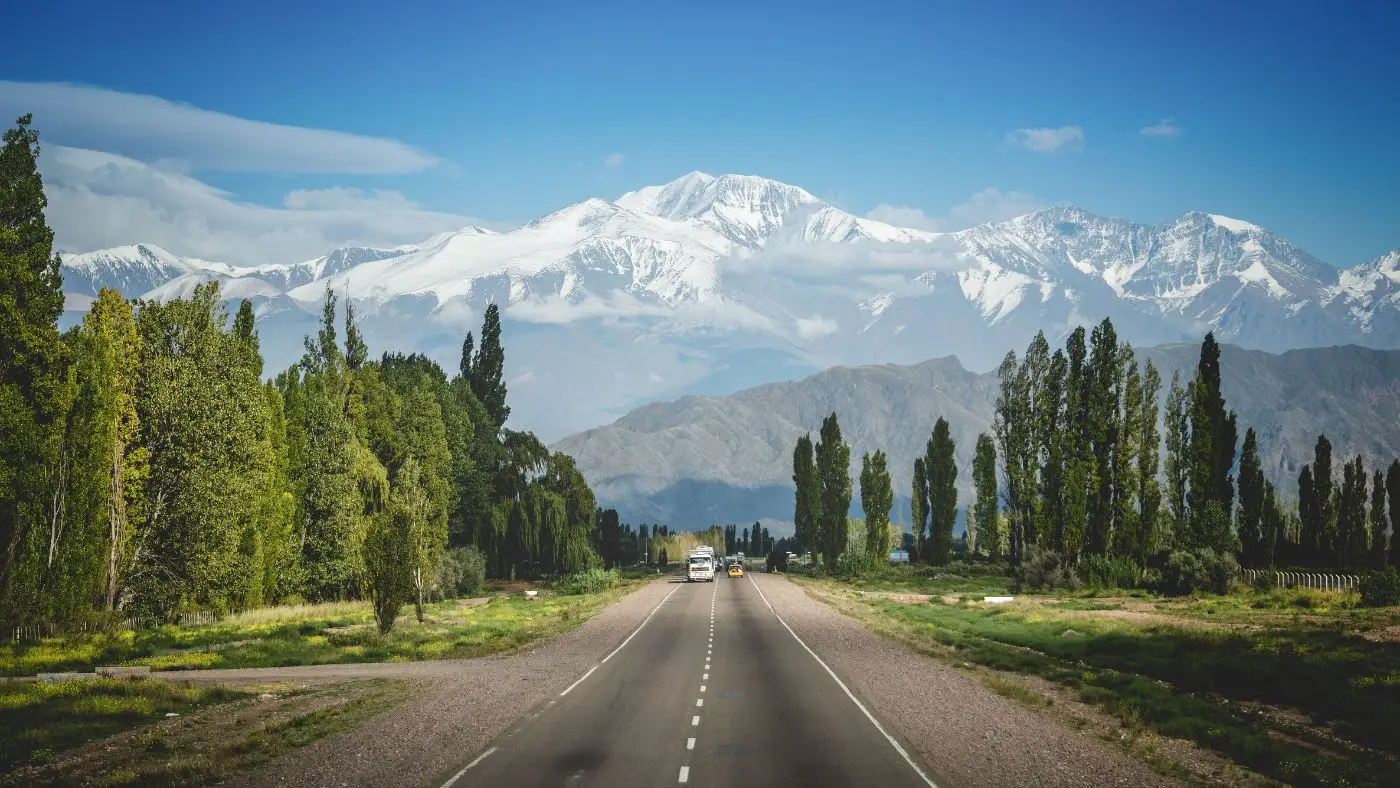 Estrada reta com vista para as montanhas da região de Mendoza, Argentina, cercada de bosques e vinhedos. As vinícolas são alguns dos melhores lugares onde ficar em Mendoza.