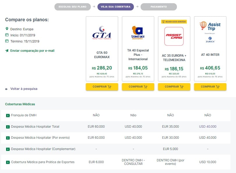 tela de comparação da seguros promo