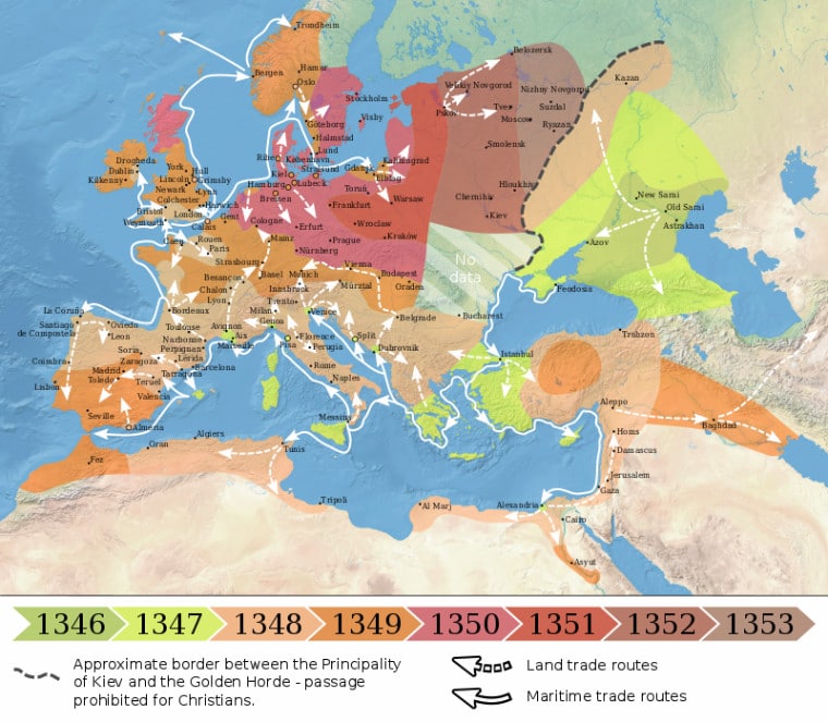 1346-1353 mapa da peste negra na Europa