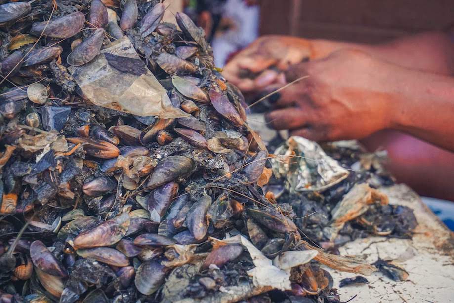 Mulher preparando o sururu pescado na Ilha de Deus