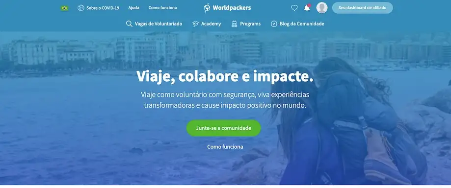 Print do site da Worldpackers onde se lê: viaje, colabore e impacte