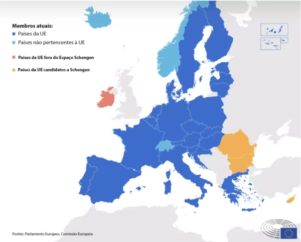 Mapa da Europa destacando os países que fazem parte do Espaço Schengen